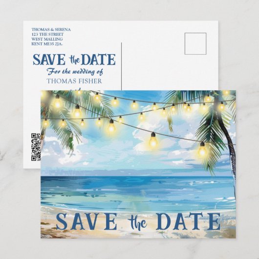 Save the Date QR Code Tropical Beach Ankündigung Postkarte (Vorne/Hinten)