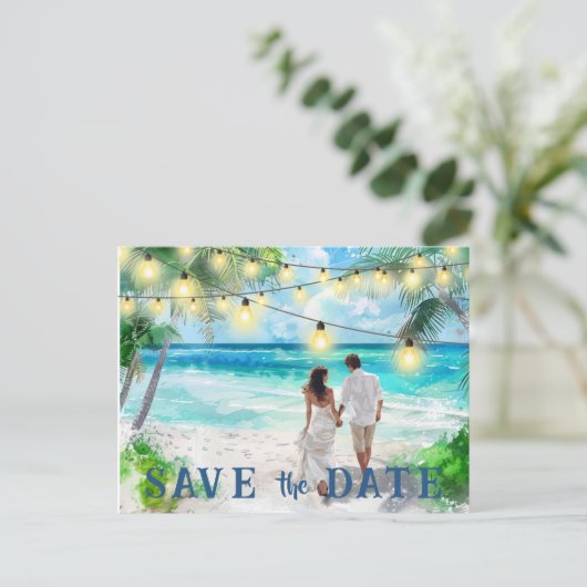 Save the Date QR Code Tropical Beach Ankündigung Postkarte (Stehend Vorderseite)
