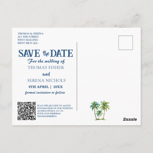 Save the Date QR Code Tropical Beach Ankündigung Postkarte (Rückseite)