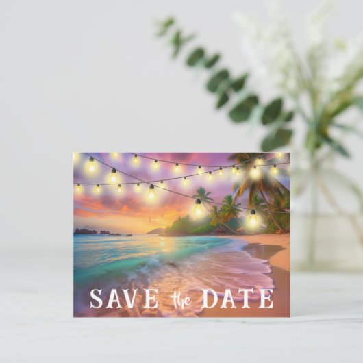Save the Date QR Code Tropical Beach Ankündigung Postkarte (Stehend Vorderseite)