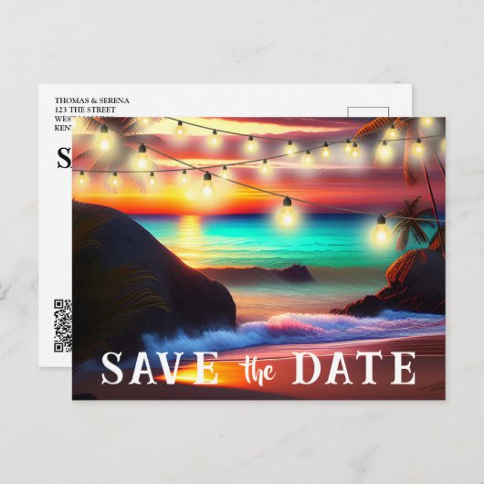 Save the Date QR Code Tropical Beach Ankündigung Postkarte (Vorne/Hinten)