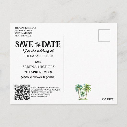 Save the Date QR Code Tropical Beach Ankündigung Postkarte (Rückseite)