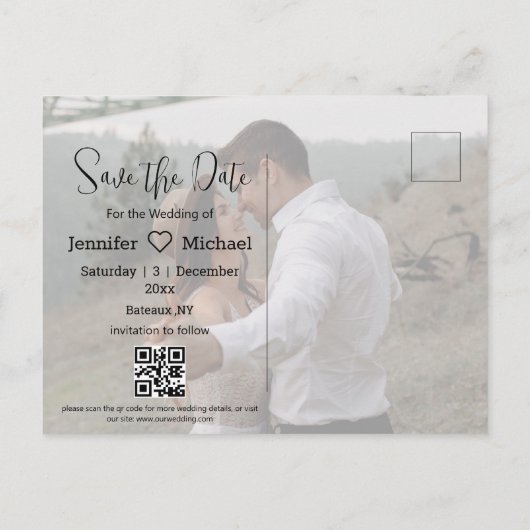 Save the Date qr Codeln 2 Fotos Hochzeit Ankündigungspostkarte (Rückseite)