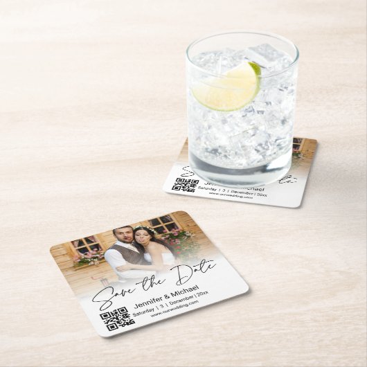 Save the Date qr-Codepar Foto stilvoll Rechteckiger Pappuntersetzer (Vor Ort)