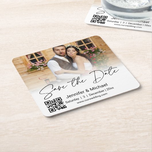 Save the Date qr-Codepar Foto stilvoll Rechteckiger Pappuntersetzer (angewinkelt)