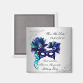 Save the Date Quinceanera Sweet 16 Masquerade Blue Magnet (Vorderseite/Rückseite)