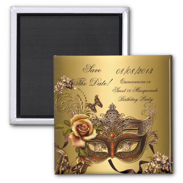Save the Date Quinceanera Sweet 16 Masquerade Gold Magnet (Vorne)