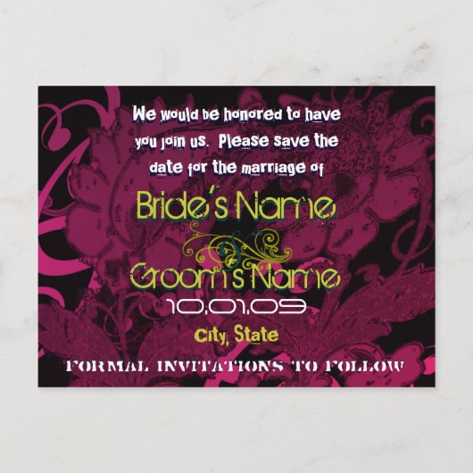 Save the Date - Rasberry floral Distressed - Ankündigungspostkarte (Rückseite)