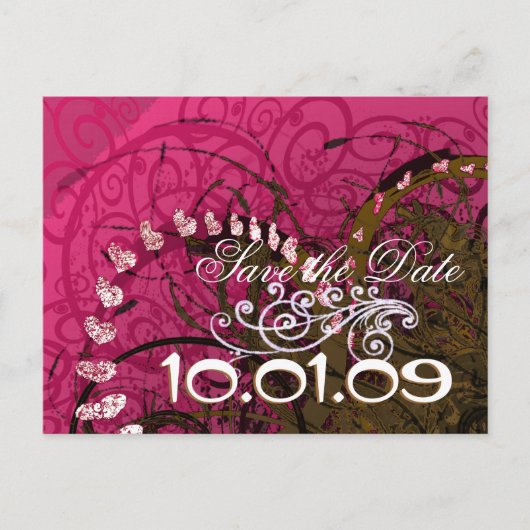 Save the Date Rasberry Hearts - Ankündigungspostkarte (Vorderseite)