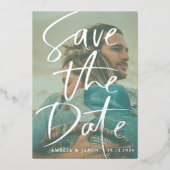 Save the Date Real Silver Calligraphy Foto Folieneinladung (Vorderseite)