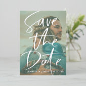 Save the Date Real Silver Calligraphy Foto Folieneinladung (Stehend vorne)