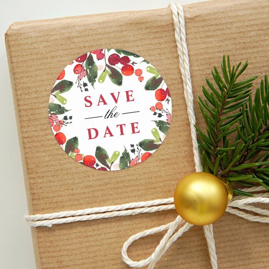 Save the Date Red Christmas Greenerity Wreath Runder Aufkleber
