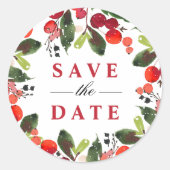 Save the Date Red Christmas Greenerity Wreath Runder Aufkleber (Vorderseite)