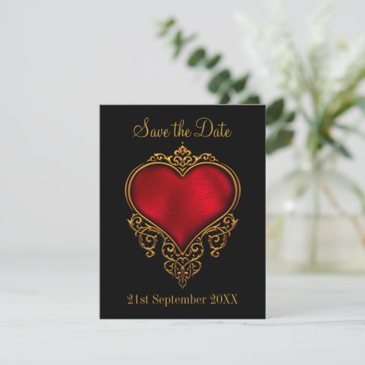 Save the Date Red Gold Heart Black (Stehend Vorderseite)