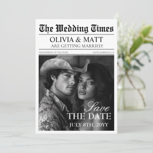 Save the Date Retro Newspapers Wedding (Stehend Vorderseite)