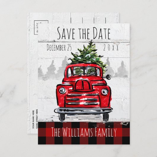 Save the Date Retro Red Truck and Tree Postcard Postkarte (Vorne/Hinten)