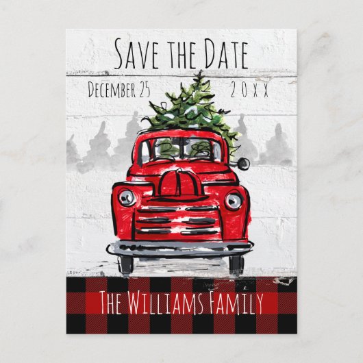 Save the Date Retro Red Truck and Tree Postcard Postkarte (Vorderseite)