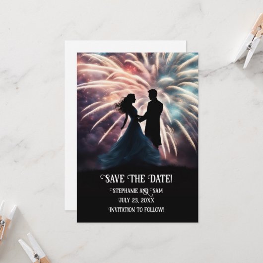 Save the Date romantische Couple Dancing Fireworks Einladung (Vorderseite/Rückseite Beispiel)