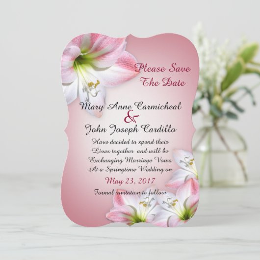 Save the Date rosa Amaryllis (Stehend Vorderseite)