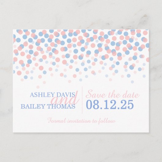 Save the Date rosa blaue Konfetti-Punkte Hochzeitk Ankündigungspostkarte (Vorderseite)