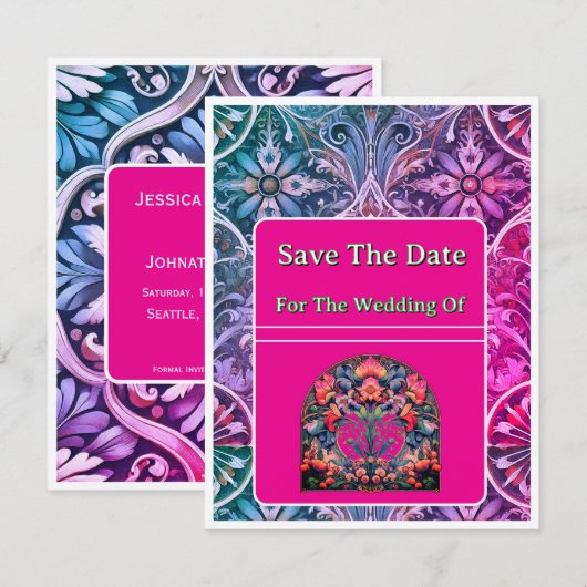 Save the Date rosa/blaues Kartenmuster (Vorne/Hinten)