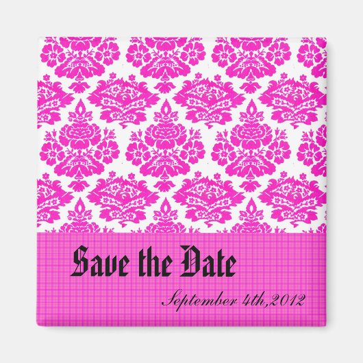 Save the Date, rosa Damast Magnet (Vorne)