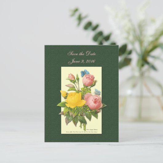 Save the Date Rosa Gelbe Rosen Postkarte (Stehend Vorderseite)