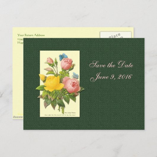 Save the Date Rosa Gelbe Rosen Postkarte (Vorne/Hinten)