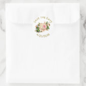Save the Date rosa goldene Blume Stripteppiche Sti Runder Aufkleber (Tasche)