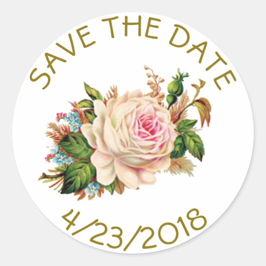 Save the Date rosa goldene Blume Stripteppiche Sti Runder Aufkleber (Vorderseite)