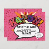 Save the Date Rosa Herz Comic Hochzeit Ankündigungspostkarte (Vorne/Hinten)