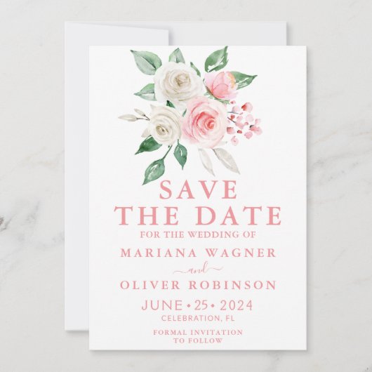 Save the Date rosa Pfirsich Weiße Farbe Blüte Einladung (Vorderseite)