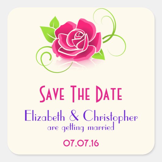 Save the Date rosa Rose Illustration Quadratischer Aufkleber (Vorderseite)