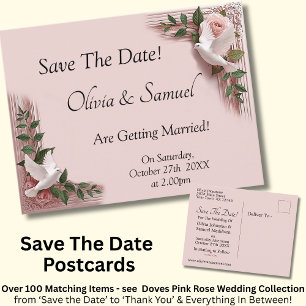 Save The Date - Rosa Rosen & Tauben Hochzeit Ankündigungspostkarte