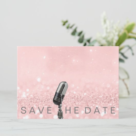 Save the Date Rosa Schwarz Grau Glitzer Microfone (Stehend Vorderseite)
