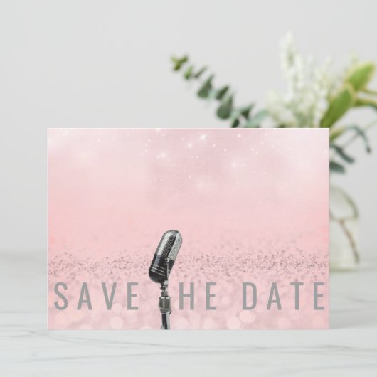 Save the Date Rosa Schwarz Rose Glitzer Mikrofone (Stehend Vorderseite)