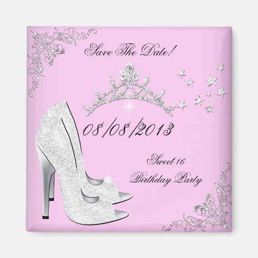 Save the Date rosa Silber High Heels Schuhe Tiara Magnet (Vorne)