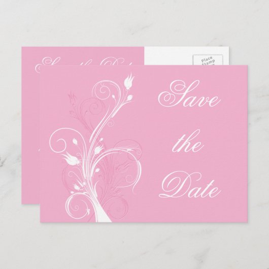 Save the Date Rosa und Weiße Blüten Postkarte (Vorne/Hinten)