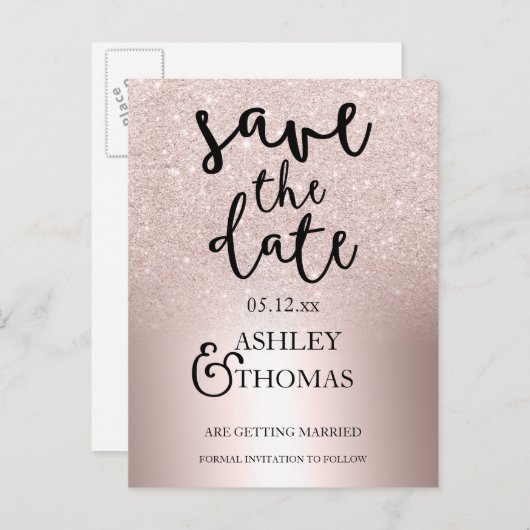 Save the Date Rose Glitzer ombre metallic Ankündigungspostkarte (Vorne/Hinten)