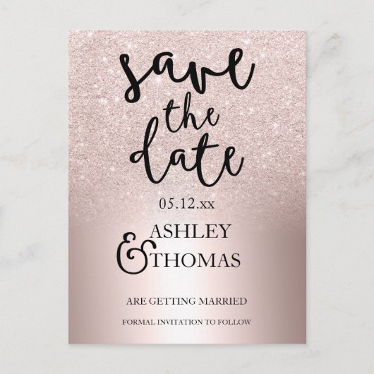 Save the Date Rose Glitzer ombre metallic Ankündigungspostkarte (Vorderseite)
