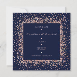 Save the Date Rose Gold Blue Navy Glitzer Monogram