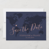 Save the Date Rose Gold Blue World Map Zielort (Vorderseite)