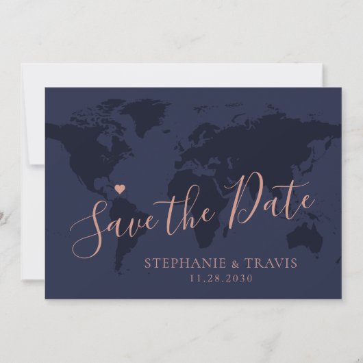 Save the Date Rose Gold Blue World Map Zielort (Vorderseite)