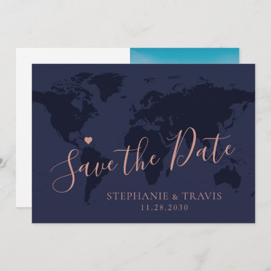 Save the Date Rose Gold Blue World Map Zielort (Vorne/Hinten)