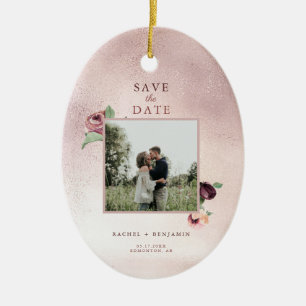 Save the Date Rose Gold Glitzer Blumenrosa Foto Keramik Ornament