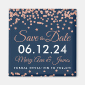 Save the Date Rose Gold Glitzer Confetti Navy Blue Magnet (Vorne)