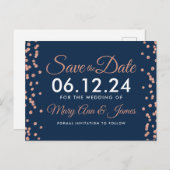 Save the Date Rose Gold Glitzer Confetti Navy Blue Postkarte (Vorne/Hinten)