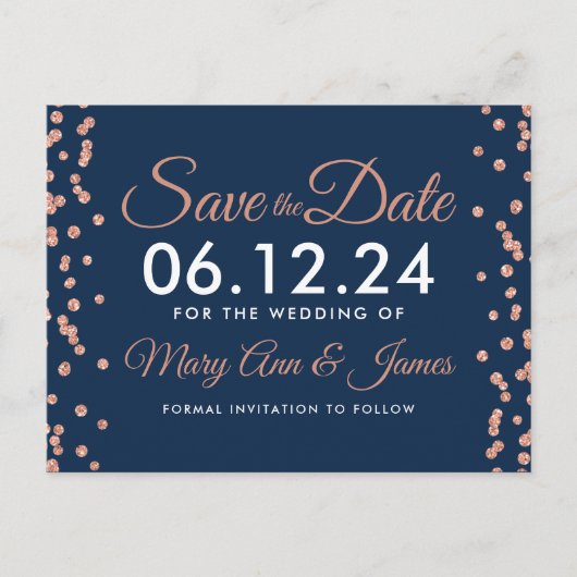 Save the Date Rose Gold Glitzer Confetti Navy Blue Postkarte (Vorderseite)
