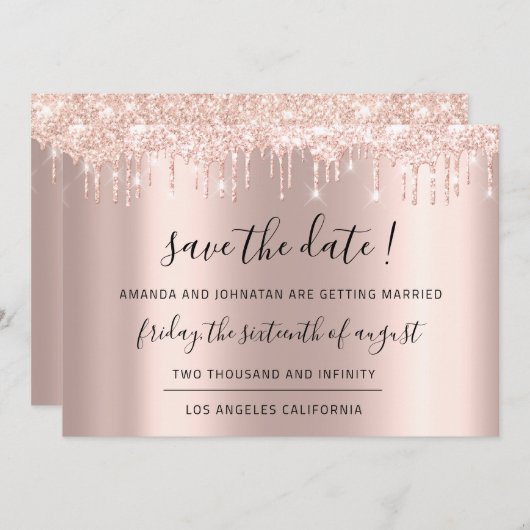 Save the Date Rose Gold Glitzer Tropfen Hochzeit (Vorne/Hinten)