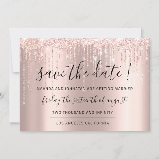 Save the Date Rose Gold Glitzer Tropfen Zeichenket (Vorderseite)